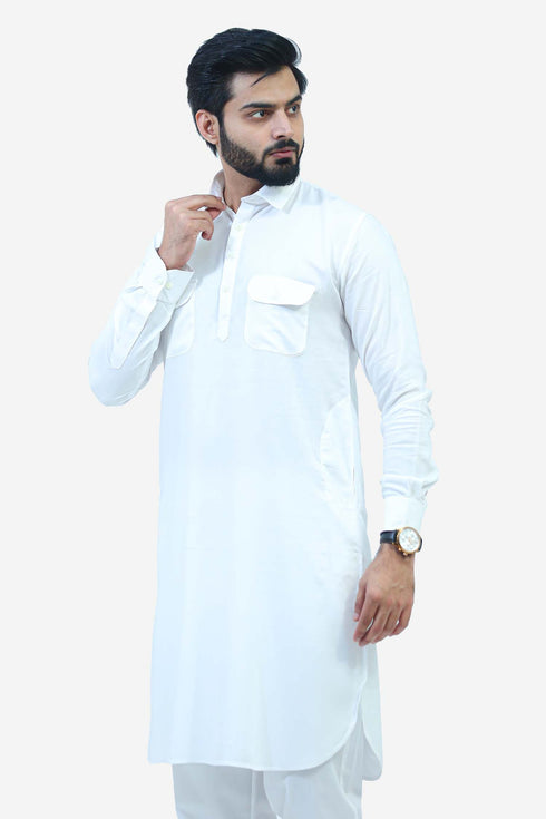 Veshbhoshaa Bluesaanchi Men'S White Pathani Kurta Set